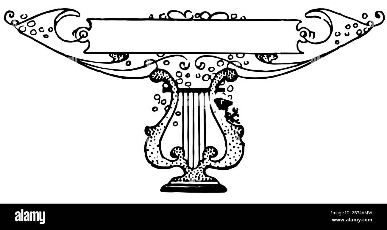 Lyre est un instrument à cordes, il est dans le bas de la bannière, le dessin de ligne vintage ou l'illustration de gravure. Illustration de Vecteur