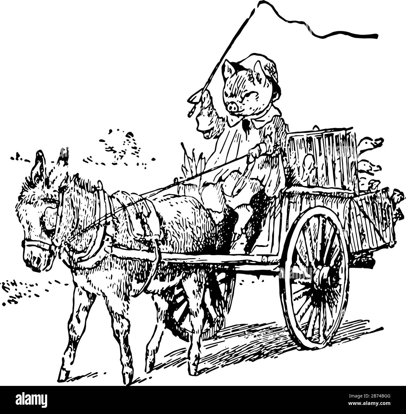 Pig Est Allé au marché, cette scène montre un cochon conduisant un chariot tiré par un âne, dessin vintage de ligne ou de gravure illustration Illustration de Vecteur