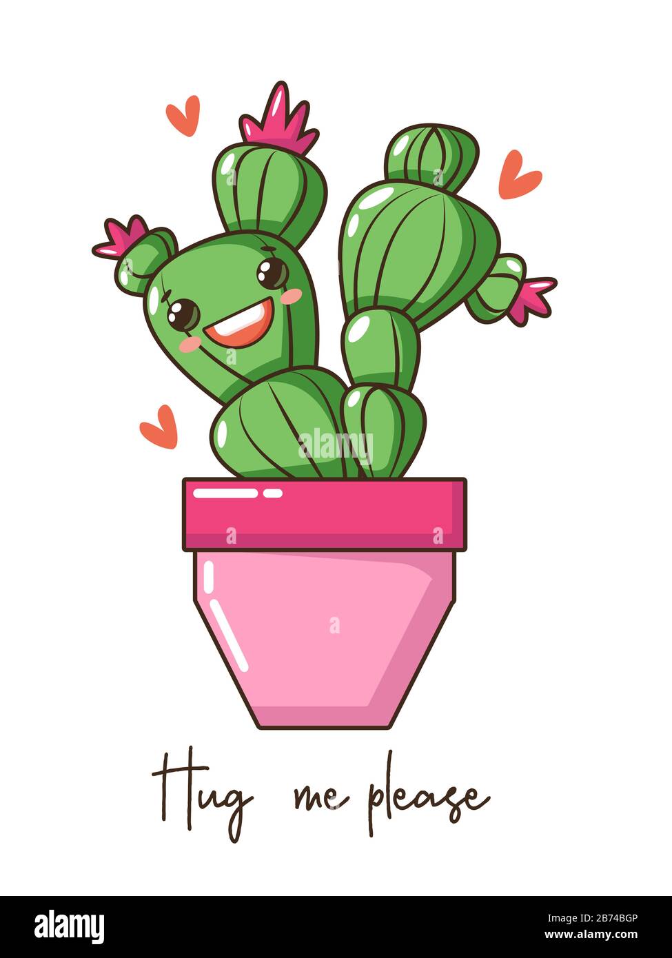 Mignon kawaii bébé cactus succulent avec heureux drôle visage de sourire en pot, fleur de couronne et voeux, texte de mode. Illustration de Vecteur