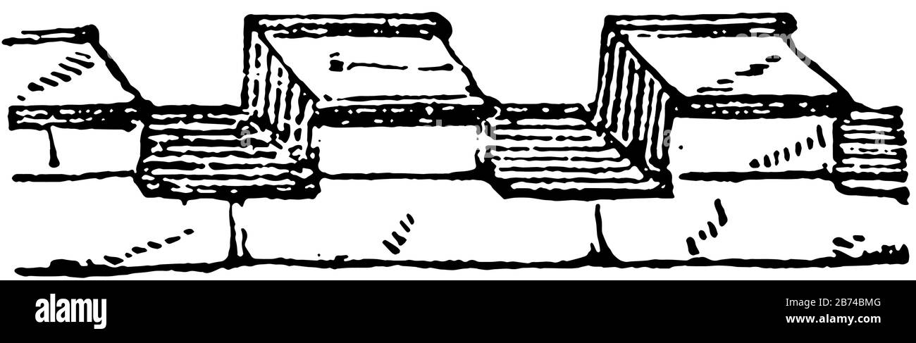 Bataillons séparés par des ouvertures appelées crenelles, crénelées ou combattantes, hauts de tour ou de bâtiment, dessin de lignes anciennes ou illustration de gravure. Illustration de Vecteur