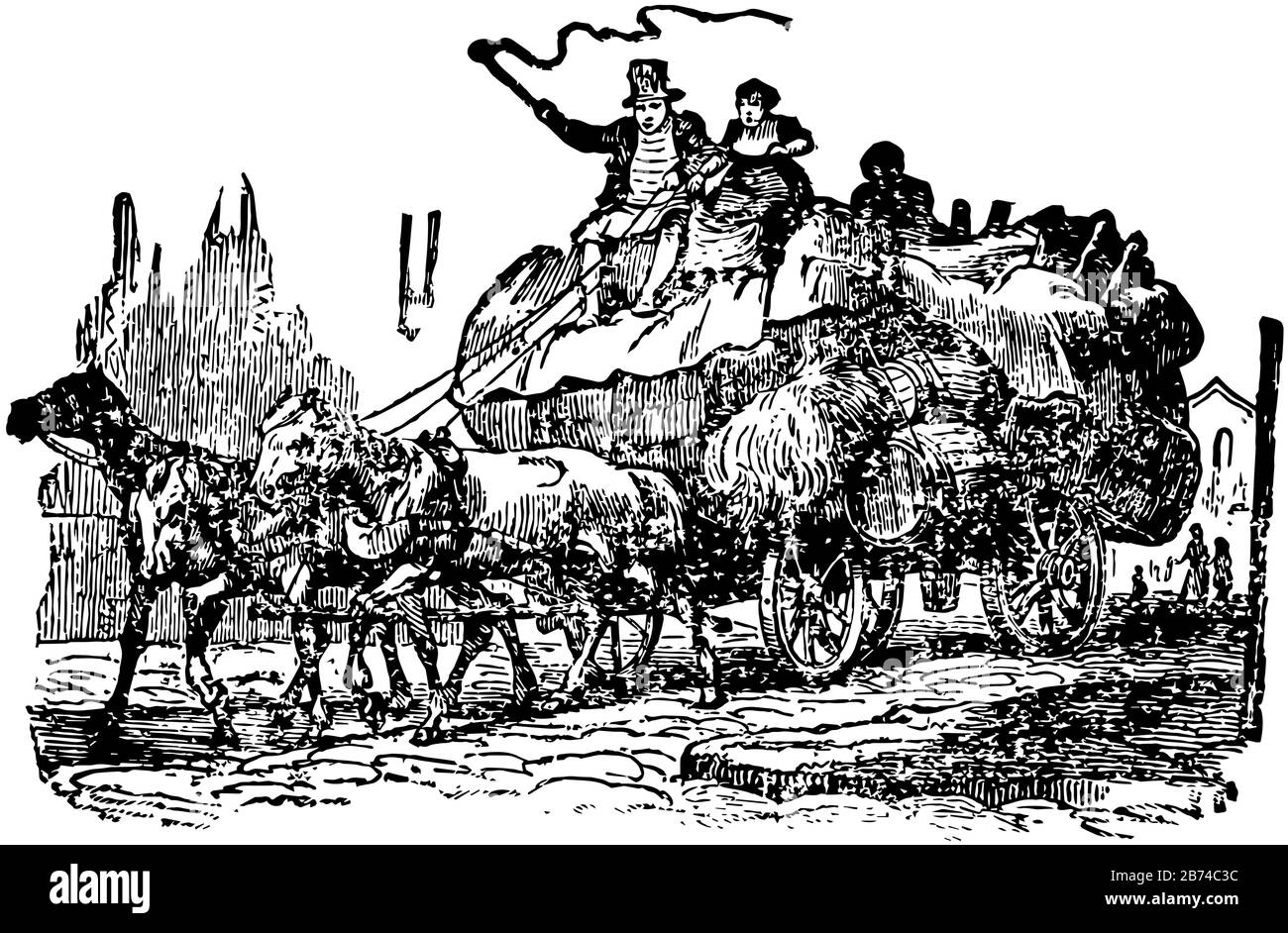 L'aiguille Audacieuse, cette scène montre trois personnes passant par le chariot à cheval, le dessin vintage de ligne ou l'illustration de gravure Illustration de Vecteur