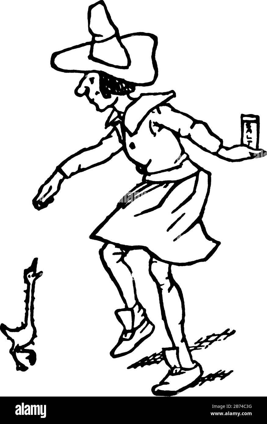 Un homme nourrissant le sel à l'oiseau, il tenant la bouteille de sel à la main, dessin vintage de ligne ou illustration de gravure Illustration de Vecteur