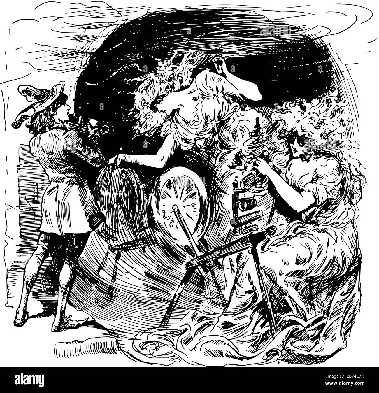 Merrymind, il a un garçon jouant du violon et deux femmes devant lui, l'une tourne une roue un autre bâton rotatif avec tissu, grand cercle noir dedans Illustration de Vecteur