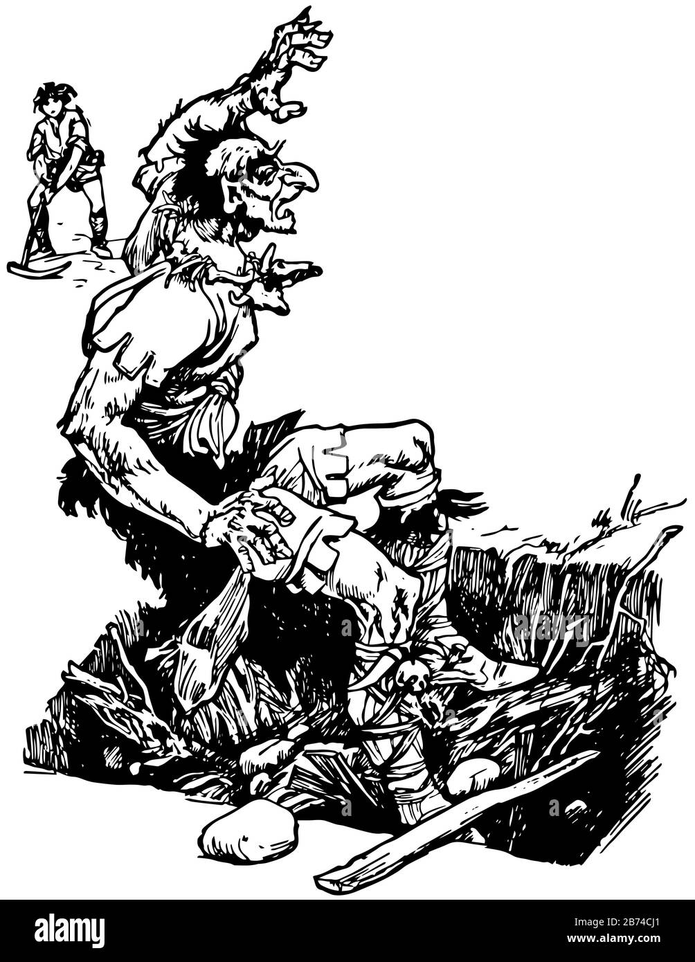 Jack the Giant Killer, cette scène montre l'homme géant assis et petit homme avec hache marchant vers l'homme géant, dessin de ligne vintage ou gravure illustr Illustration de Vecteur