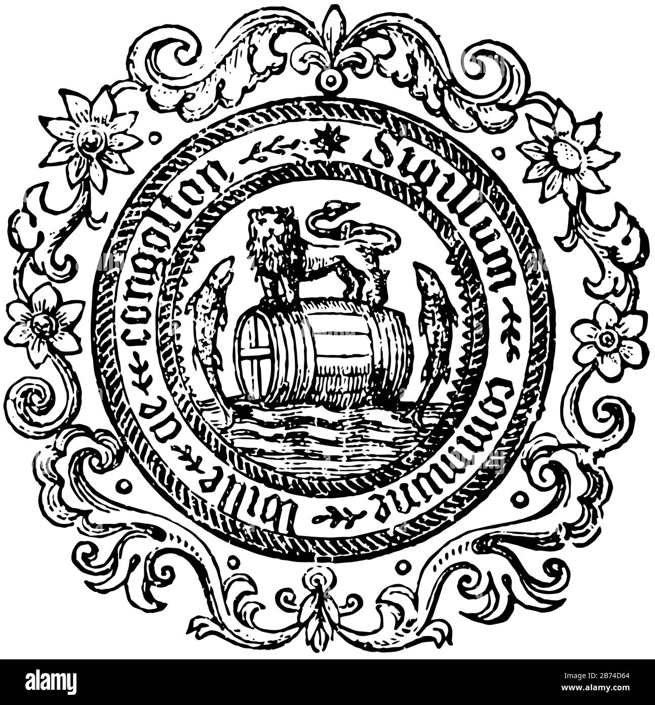 Une ville de marché et un bourg municipal d'Angleterre, il y a un tonneau sur lequel le lion est en train de pioder, ce canon flottant sur l'eau et deux poissons sont des jumpons Illustration de Vecteur