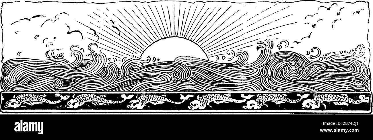 Soleil dans l'océan avec la natation de poisson, oiseaux volant dans l'air, dessin vintage de ligne ou illustration de gravure Illustration de Vecteur