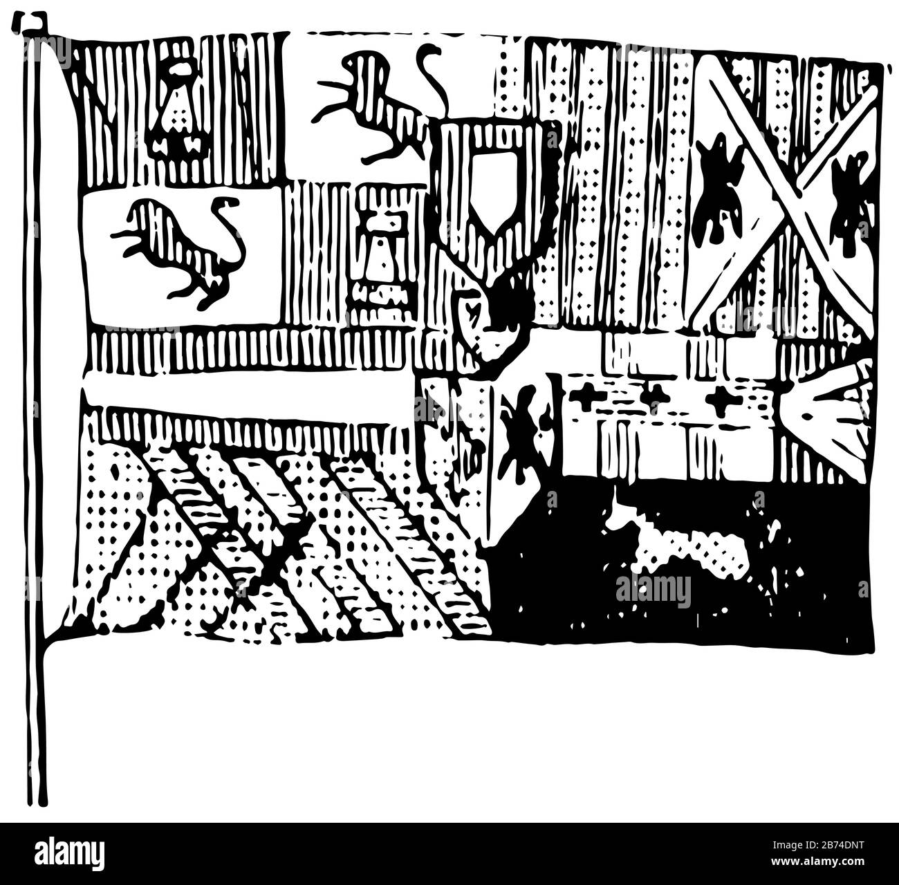 Drapeau de l'Espagne, 1881, Ce drapeau a divisé en quatre parties, la partie supérieure gauche a deux animaux et piliers, le sommet de soupir a des lignes vertigineux et 2 triangles, bas Illustration de Vecteur