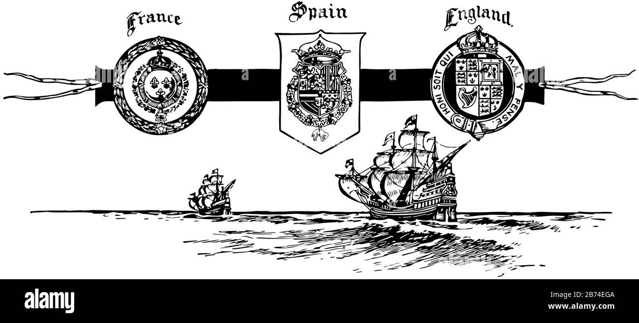 Les Sceaux de France, d'Espagne et d'Angleterre, ce phoque a des sceaux de France et d'Angleterre en deux cercles, le phoque d'Espagne en forme de bouclier au milieu, les navires et la se Illustration de Vecteur
