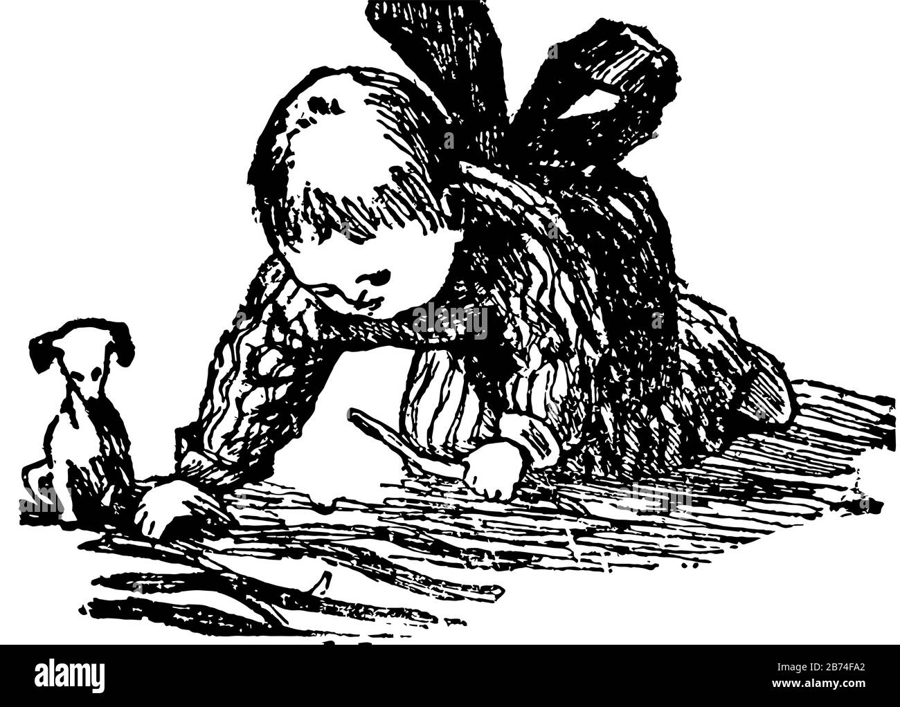 Pépinière Rhyme, cette scène montre un enfant pontant des bâtons de bois directement sur le sol, chien assis sur le sol et regardant des bâtons, dessin vintage de ligne ou en Illustration de Vecteur