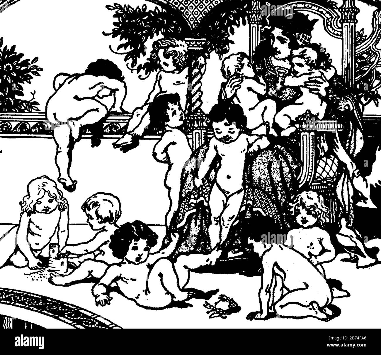 Une femme assise sur la chaise et de petits enfants jouant autour de la chaise, Elle tient deux bébés dans les mains, deux bébés jouant avec le crabe, dessin vintage de ligne Illustration de Vecteur Une femme assise sur la chaise et de petits enfants jouant autour de la chaise, Elle tient deux bébés dans les mains, deux bébés jouant avec le crabe, dessin vintage de ligne Illustration de Vecteur