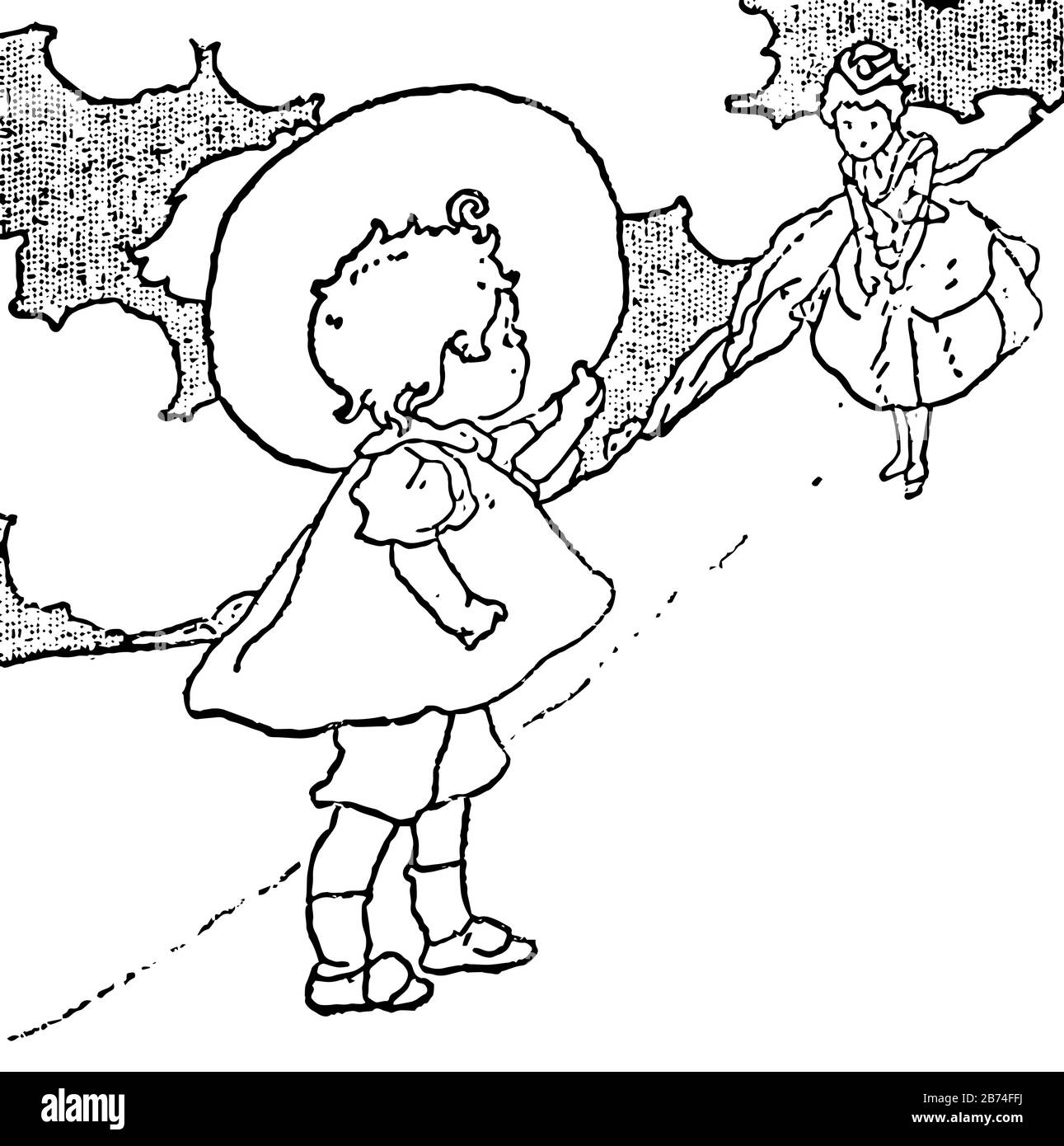 Little Miss, cette image montre deux enfants sur la colline, le dessin vintage de ligne ou l'illustration de gravure Illustration de Vecteur