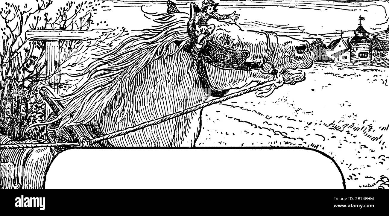 Un petit homme assis sur la tête de cheval, dessin de ligne vintage ou illustration de gravure Illustration de Vecteur