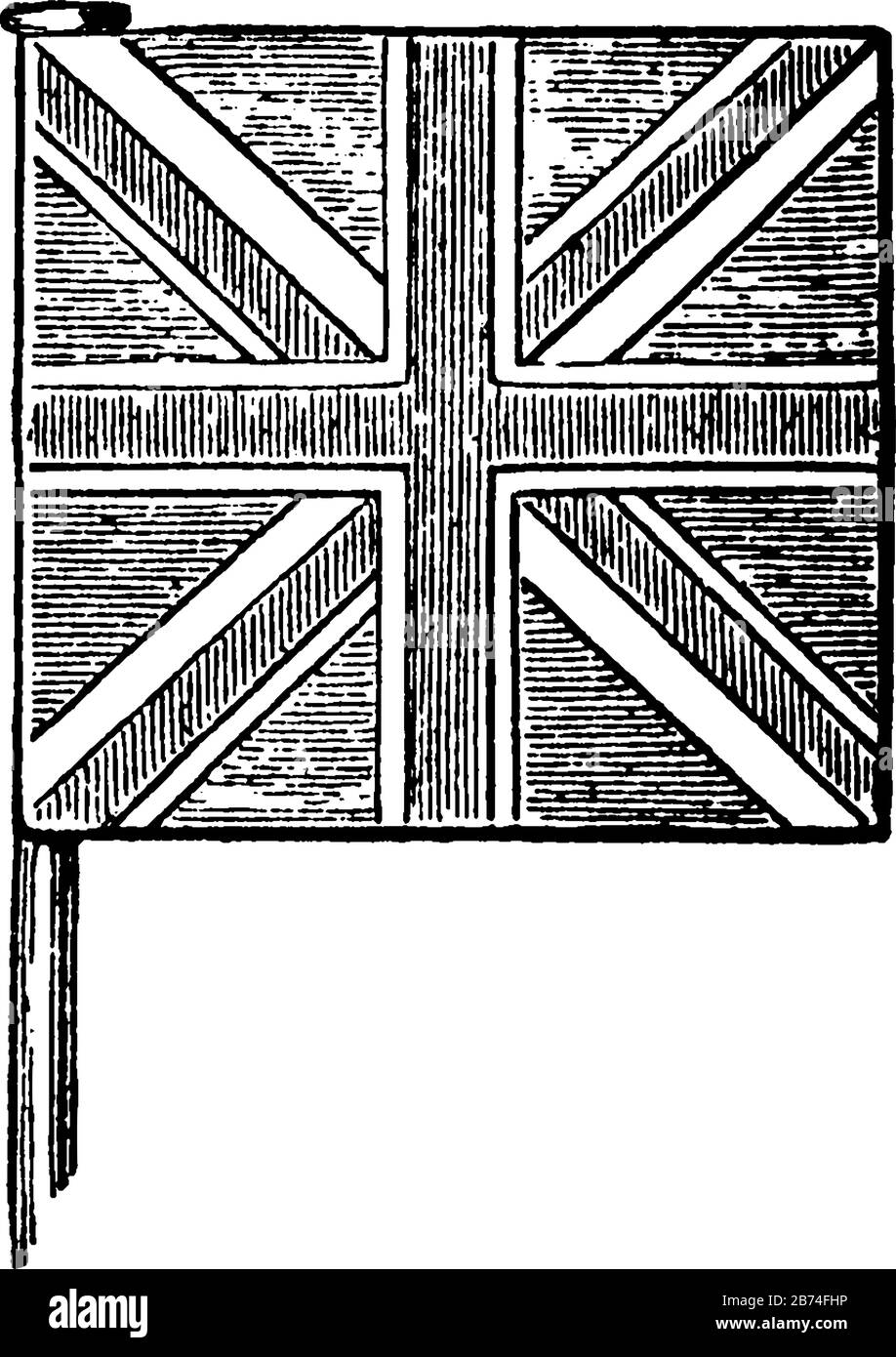 Royaume-Uni, Union Jack, ce drapeau a une croix de rayures verticales superposée sur la saltyre de rayures verticales, dessin de lignes anciennes ou gravure malade Illustration de Vecteur