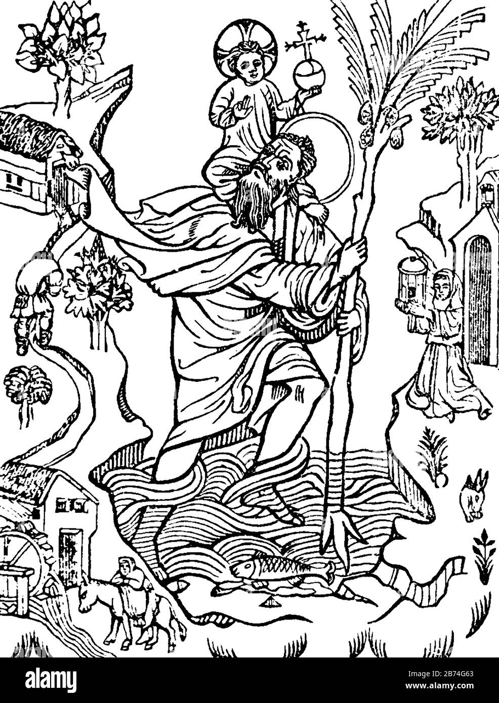Un homme transportant un enfant sur l'épaule dans l'eau, un enfant tenant globe avec la forme de croix et de cercle derrière la tête, un cavalier près de la maison et l'homme tenant c Illustration de Vecteur