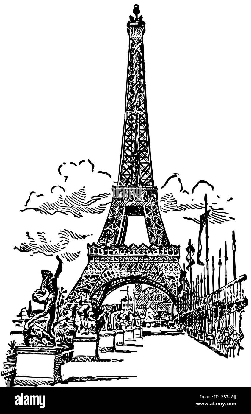 La Tour Eiffel est une structure remarquable à Paris, en France, les structures les plus reconnaissables au monde, le monument payé le plus visité, le dessin de ligne vintage ou e Illustration de Vecteur