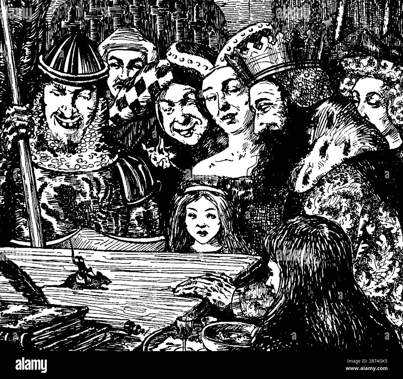 Le roi et les gens près de lui regardant le petit homme à cheval sur le rat sur la table, vintage ligne dessin ou gravure illustration Illustration de Vecteur