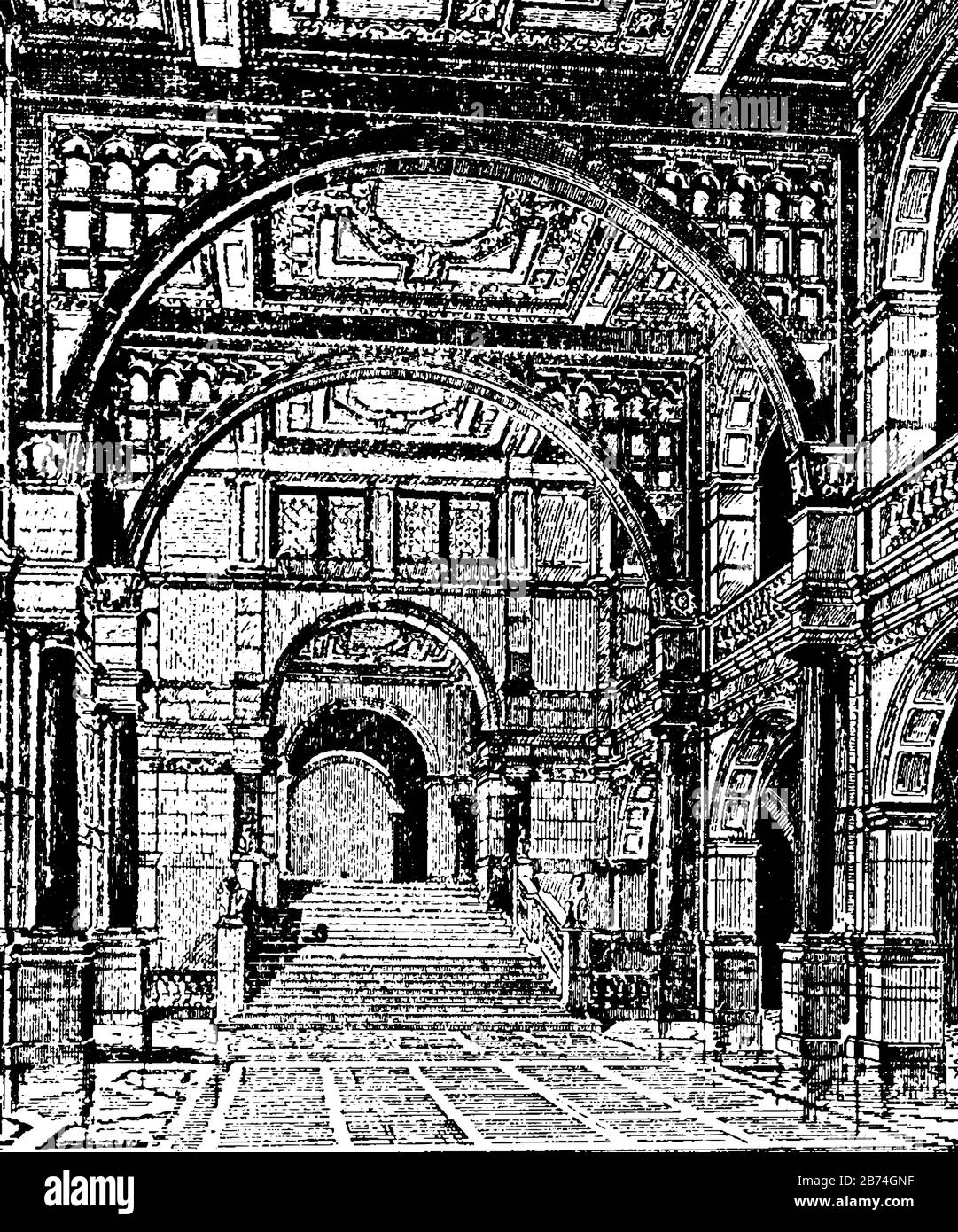 L'escalier est l'institut impérial, grande distance verticale en la divisant en petites distances verticales, droites, rondes, vintage dessin ou Illustration de Vecteur