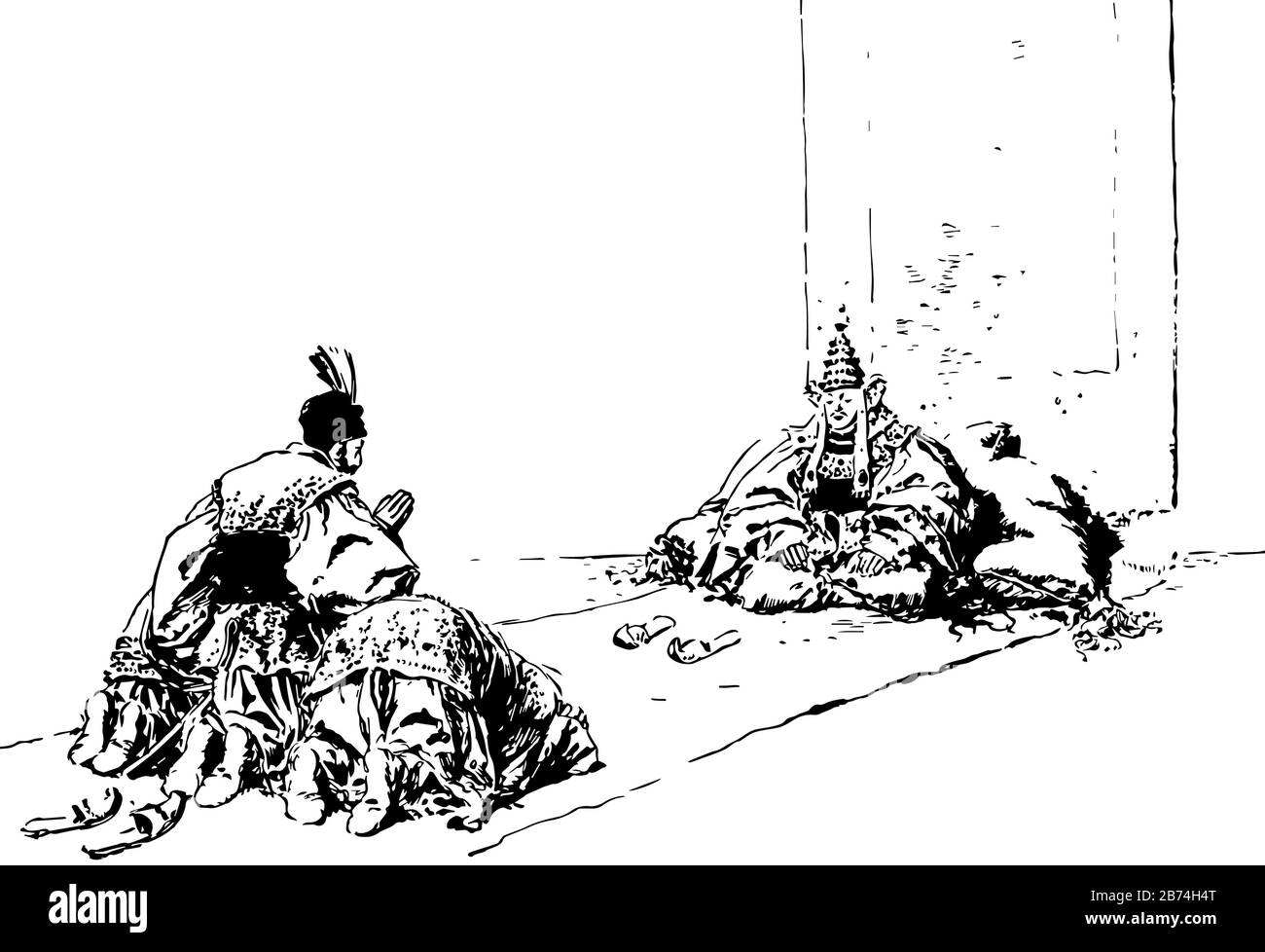 Pas un PIN à Choisir, cette scène montre un homme est assis et trois hommes sur les genoux badus devant lui, dessin vintage de ligne ou gravure illustrati Illustration de Vecteur