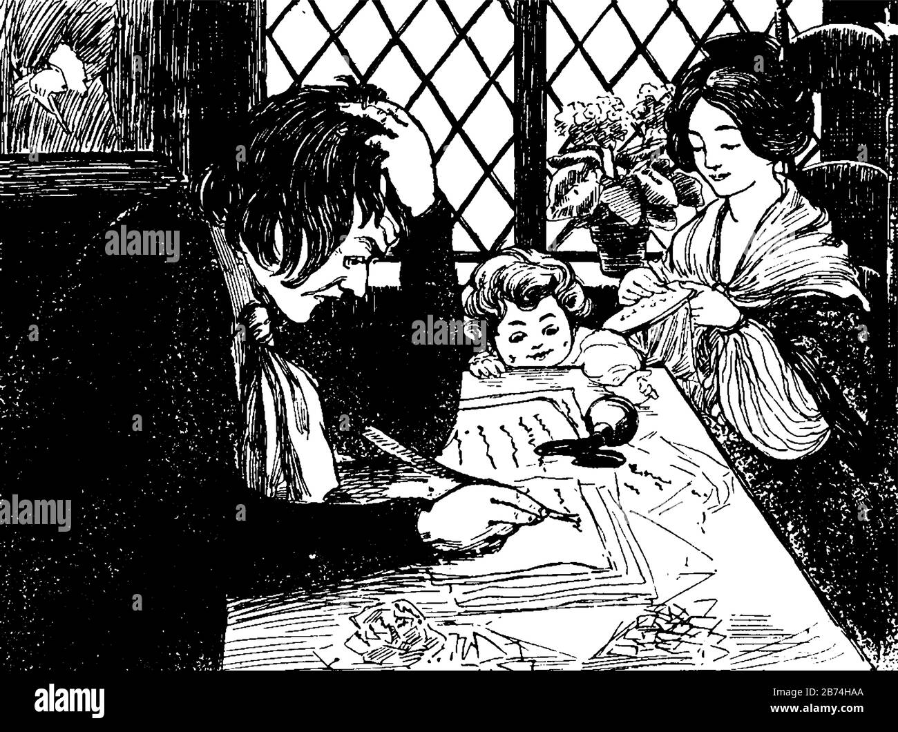 Fils de bébé, cette scène montre un homme et une femme assis sur des chaises et une table entre eux, l'homme écrivant sur papier gardé sur la table et petit enfant tombé Illustration de Vecteur