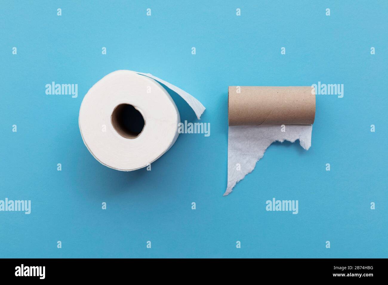 Vider le rouleau de toilette usagé à côté d'un rouleau complet de papier toilette Banque D'Images