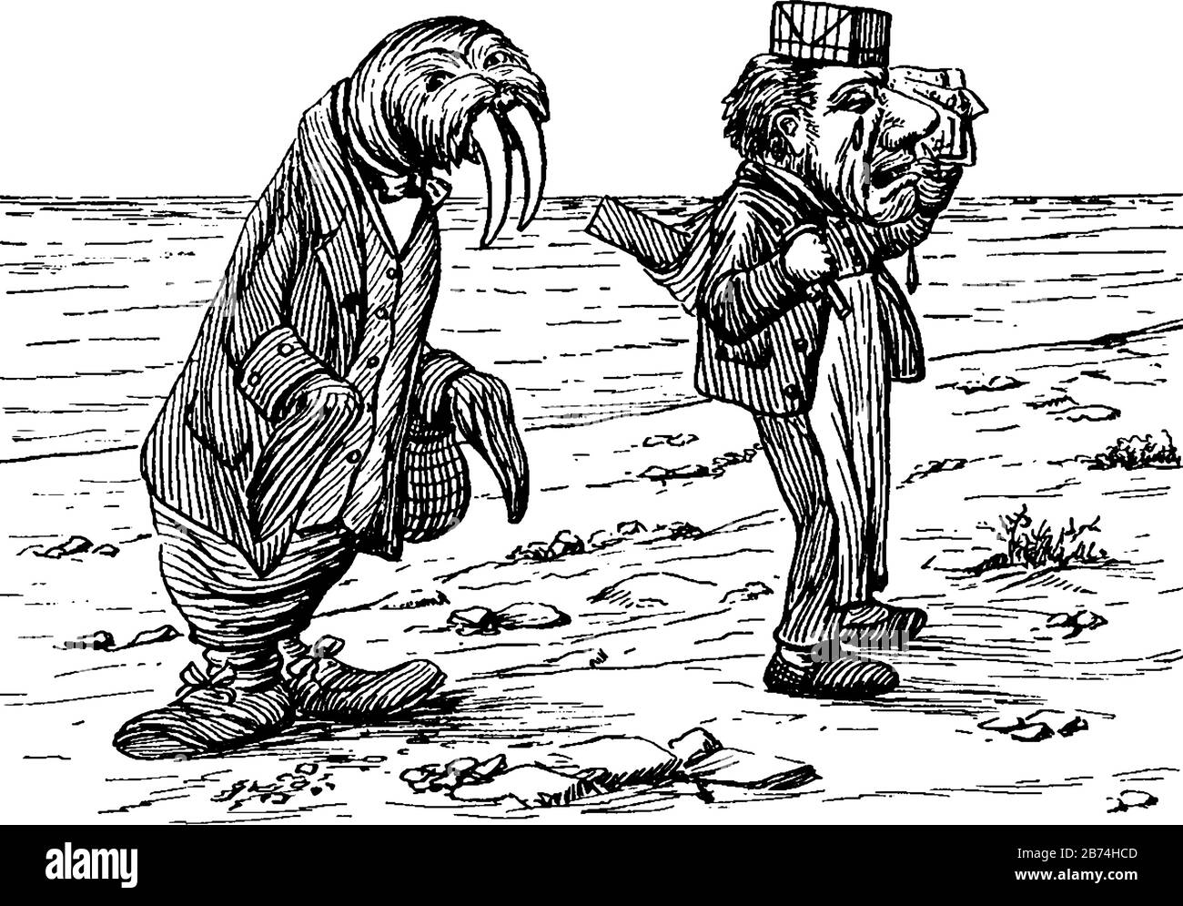 Un homme et morse dans des chiffons marchant ensemble, dessin vintage de ligne ou illustration de gravure Illustration de Vecteur