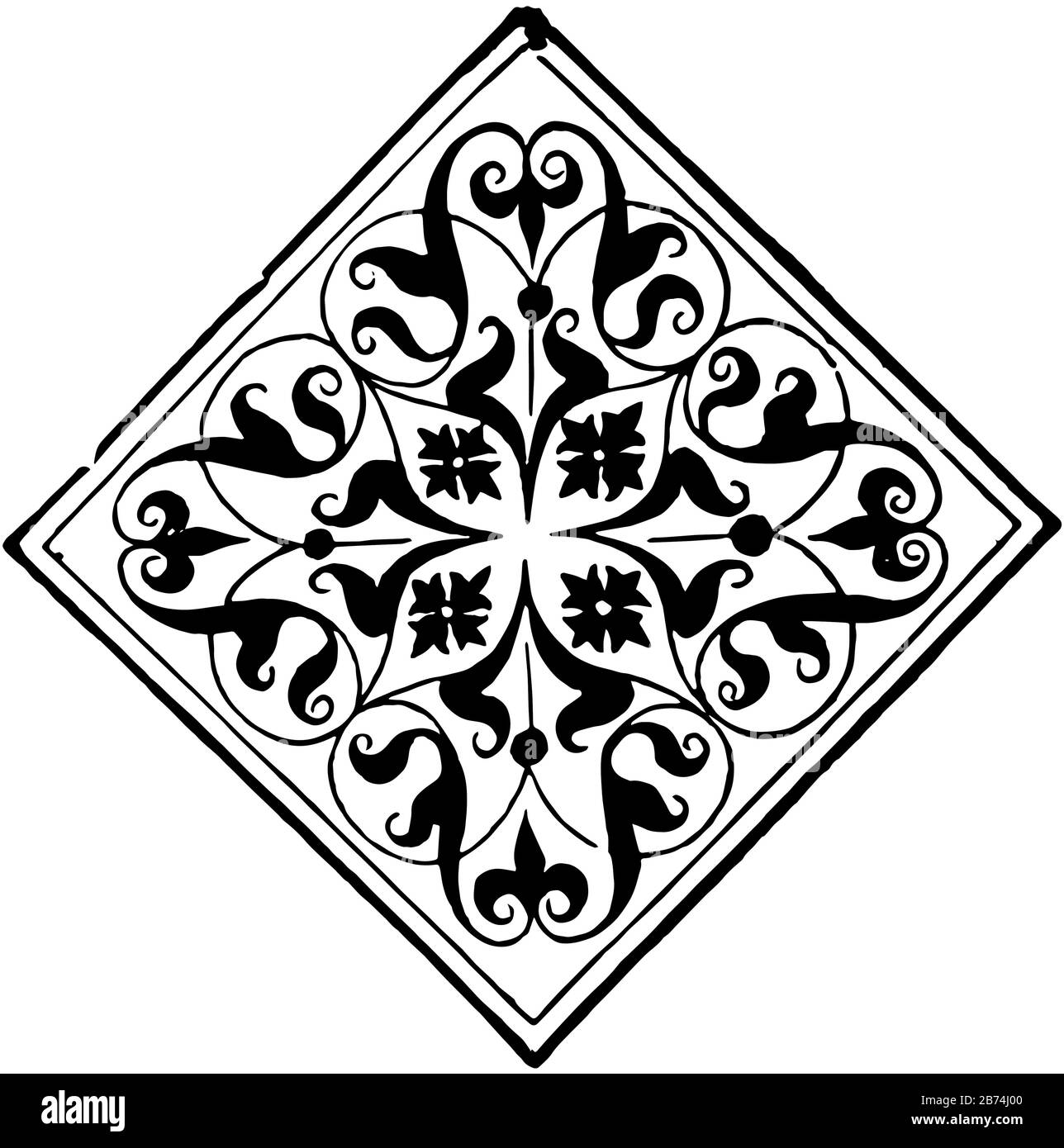 Le doodad a des formes florales et de vigne à l'intérieur d'une forme carrée, dessin vintage de ligne ou illustration de gravure. Illustration de Vecteur