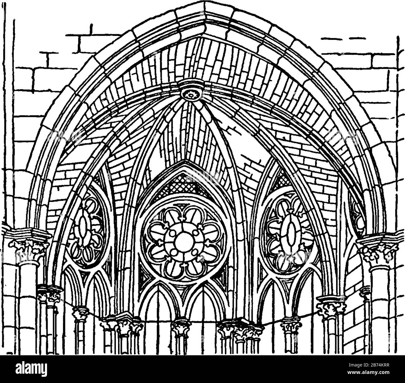 Chambre avec vue sur la chapelle de l'apsidal, travaux d'ornement dans un toit ou un plafond voûté, dessin de lignes anciennes ou illustration de gravure. Illustration de Vecteur
