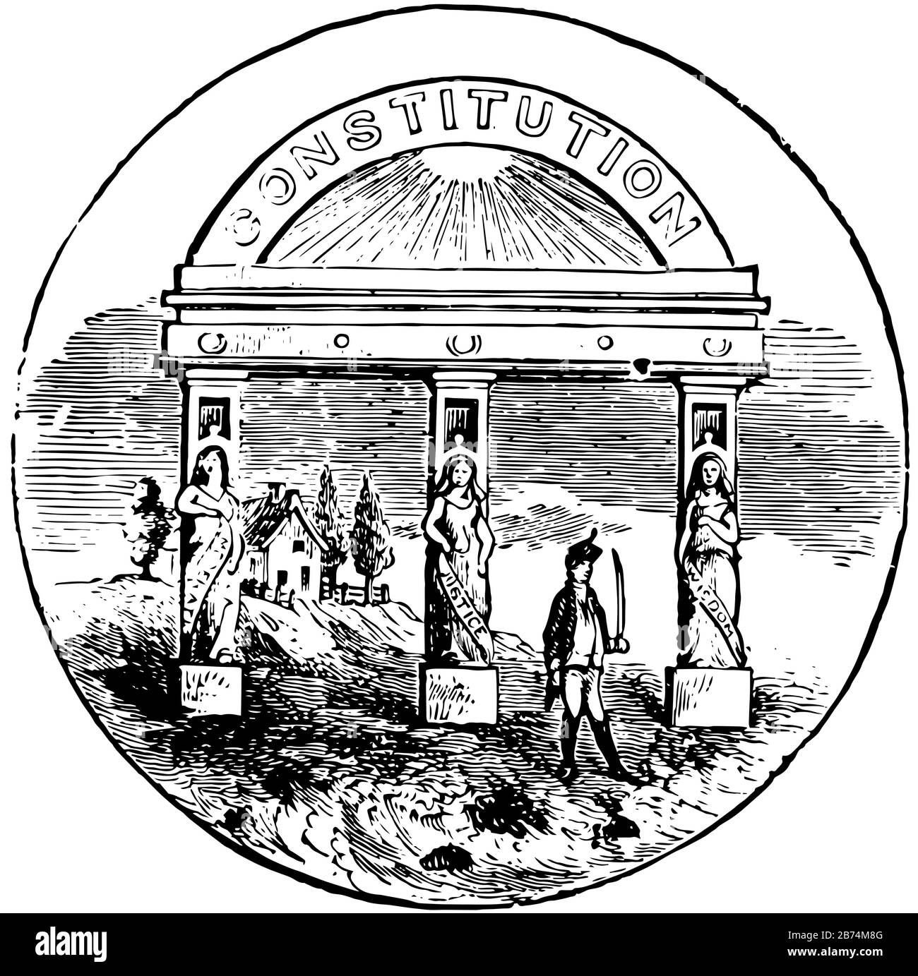 Le sceau officiel de l'État américain de Géorgie en 1889, il a une arche avec trois colosse, devise de bureau décrié Moderation, Justice et Sagesse, un SO Illustration de Vecteur