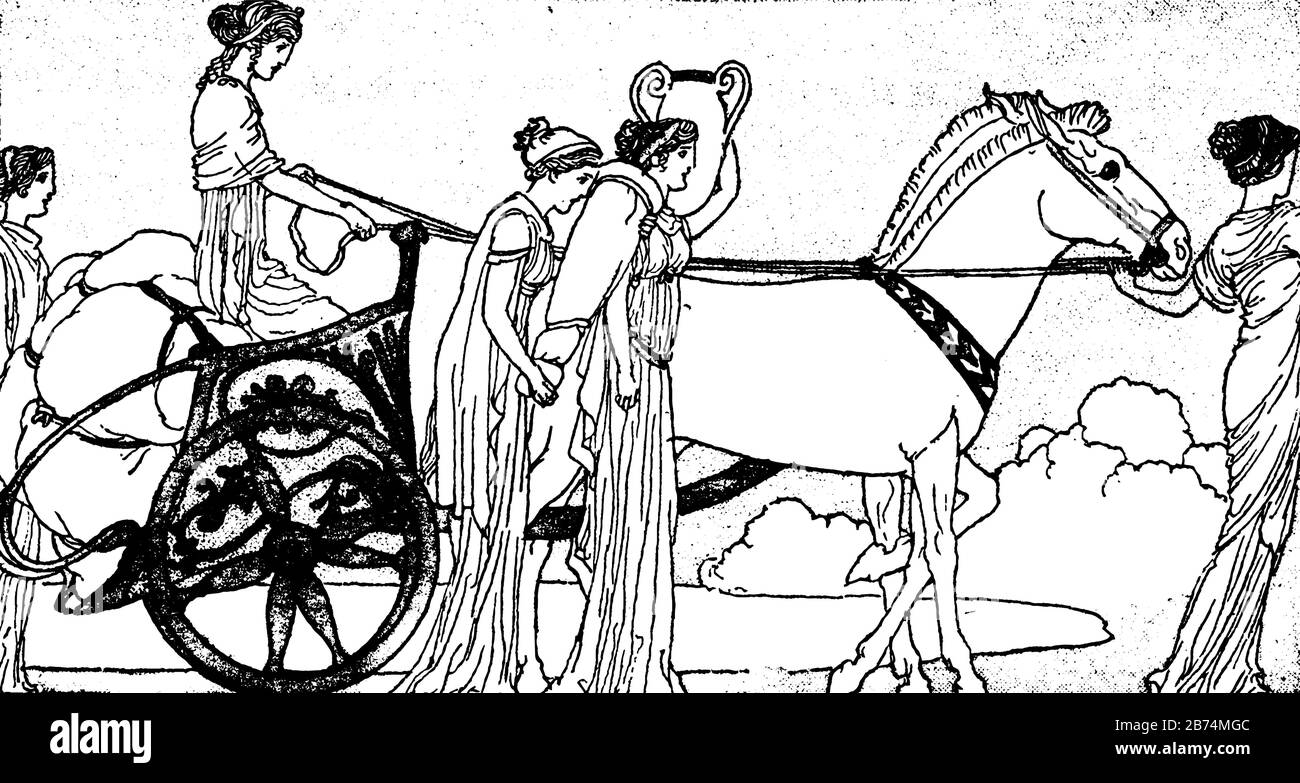 Le Homecoming d'Ulysses, cette scène montre une femme debout dans un chariot à cheval, une femelle marchant devant les chevaux, deux femelles marchant avec une tenue de chariot Illustration de Vecteur