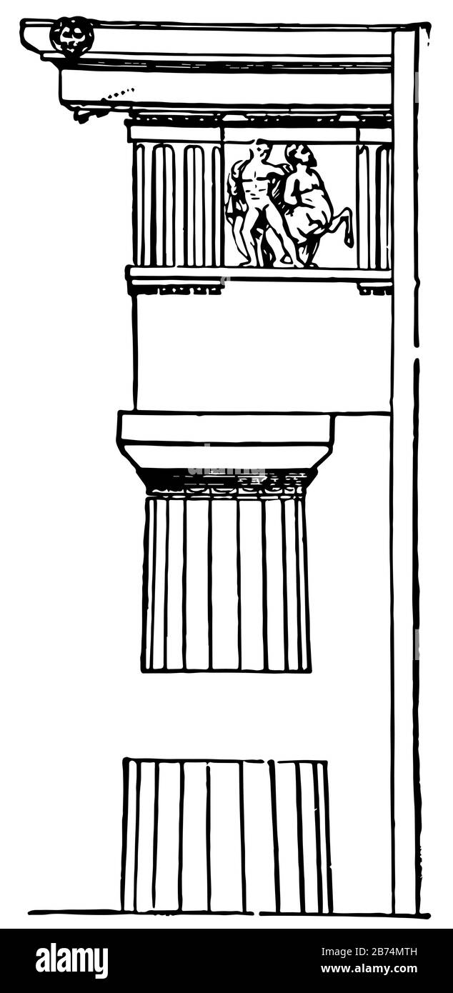 Ordre Doric, deux, canonique, la plupart, facile, simple, circulaire, vintage dessin de ligne ou gravure illustration. Illustration de Vecteur