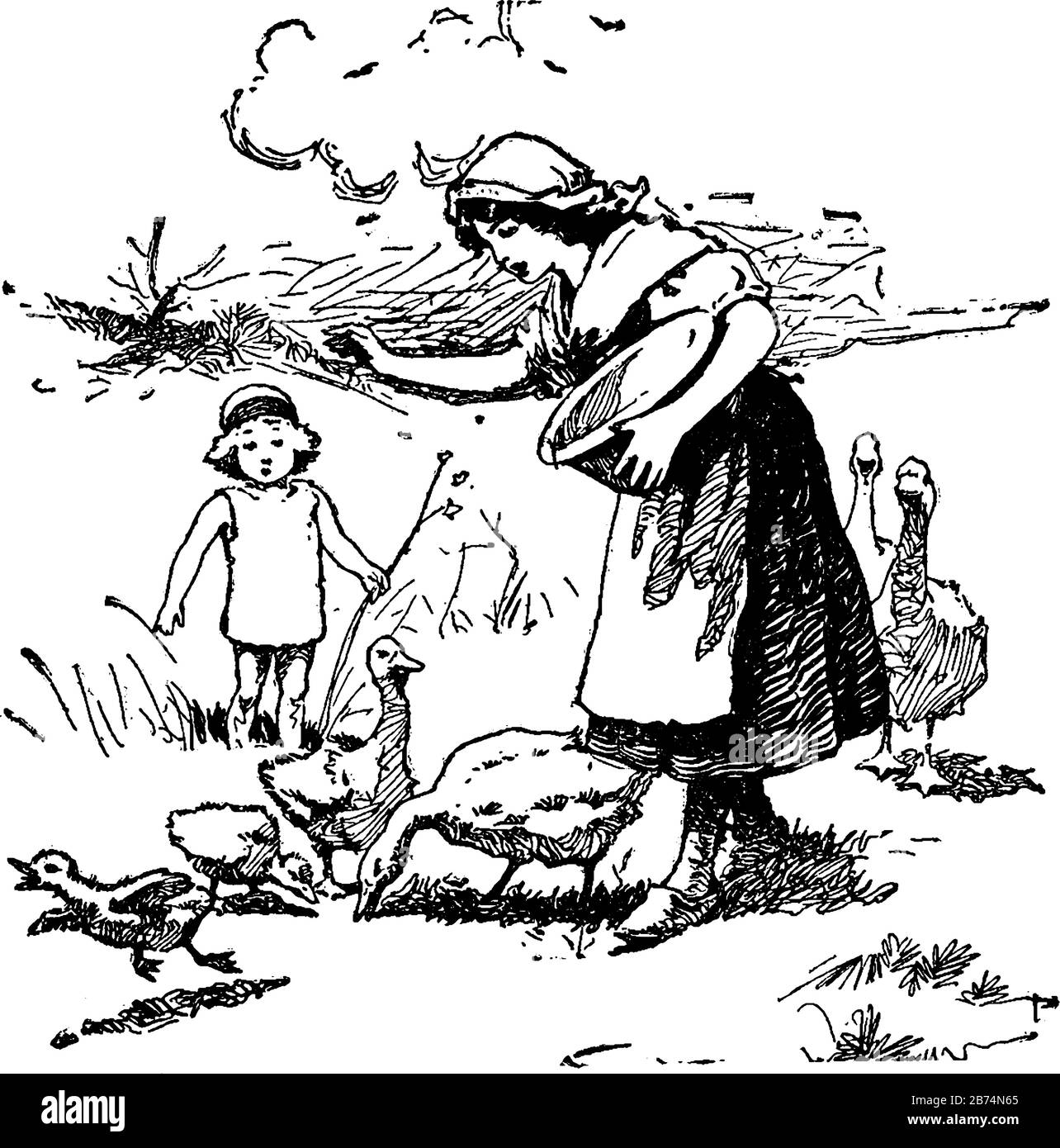 Une femme nourrissant des canards et tenant la cuvette, un enfant debout près d'elle, dessin vintage de ligne ou illustration de gravure Illustration de Vecteur