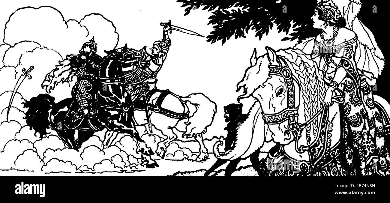 Deux cavaliers luttant avec des épées, une épée dans l'air, une femme qui monte sur le cheval les regardant, dessin de ligne vintage ou illustration de gravure Illustration de Vecteur Deux cavaliers luttant avec des épées, une épée dans l'air, une femme qui monte sur le cheval les regardant, dessin de ligne vintage ou illustration de gravure Illustration de Vecteur