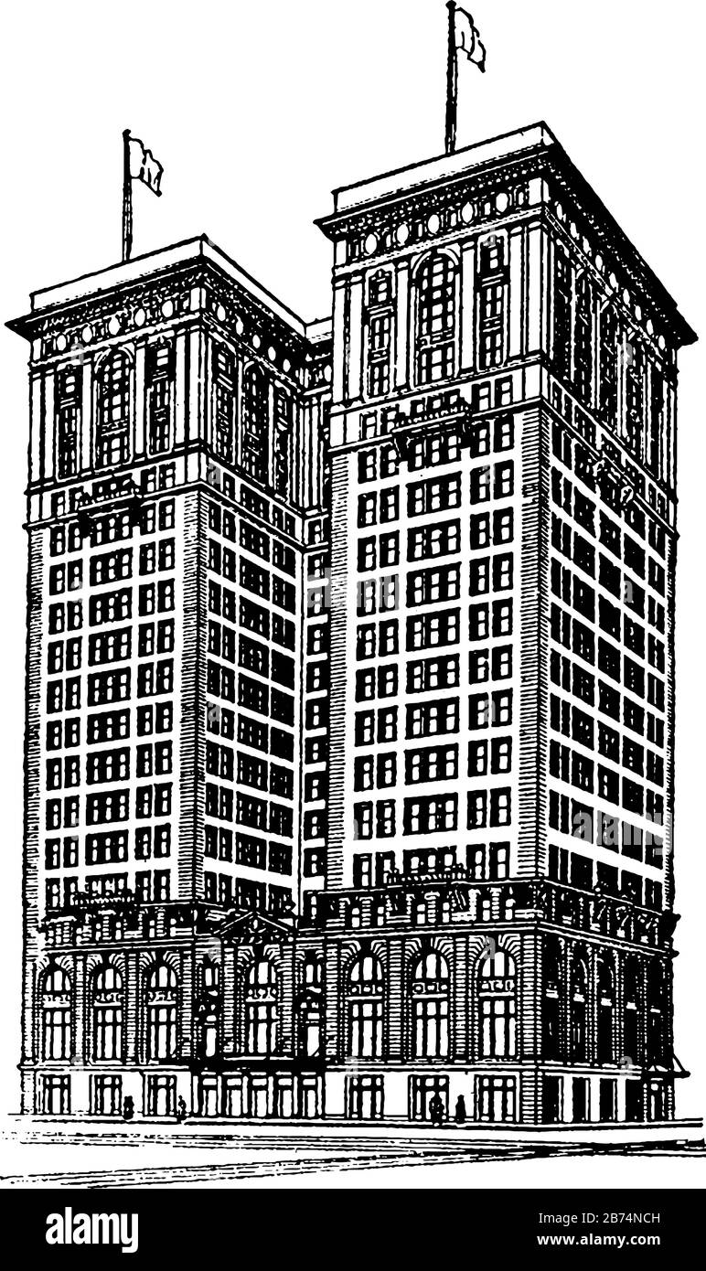 Le début du Skyscraper est au début du XXe siècle, il possède une gamme de grands bâtiments commerciaux et importants dans la croissance économique, le dessin de ligne vintage ou l'eng Illustration de Vecteur