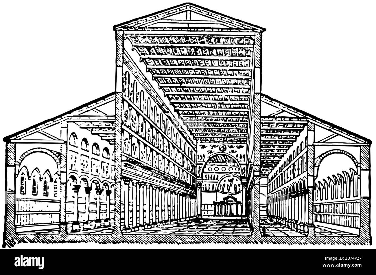 Basilique, une grande partie ce sont les salles de ville, la vie romaine ancienne, la majorité des bâtiments de l'église, le dessin de lignes anciennes ou la gravure illustrate Illustration de Vecteur
