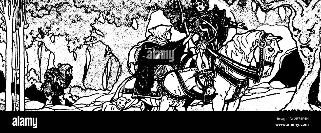 Deux personnes qui s'équestres sur des chevaux dans la jungle, un vieil homme qui les regarde, un dessin de ligne vintage ou une illustration de gravure Illustration de Vecteur