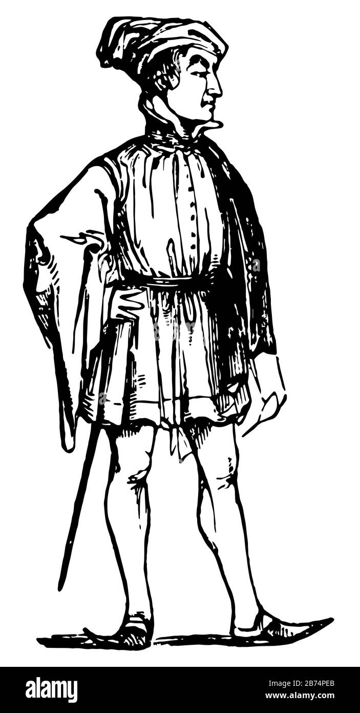 Un homme vêtu d'une mode du XVe siècle, de dessin vintage ou d'illustration de gravure. Illustration de Vecteur