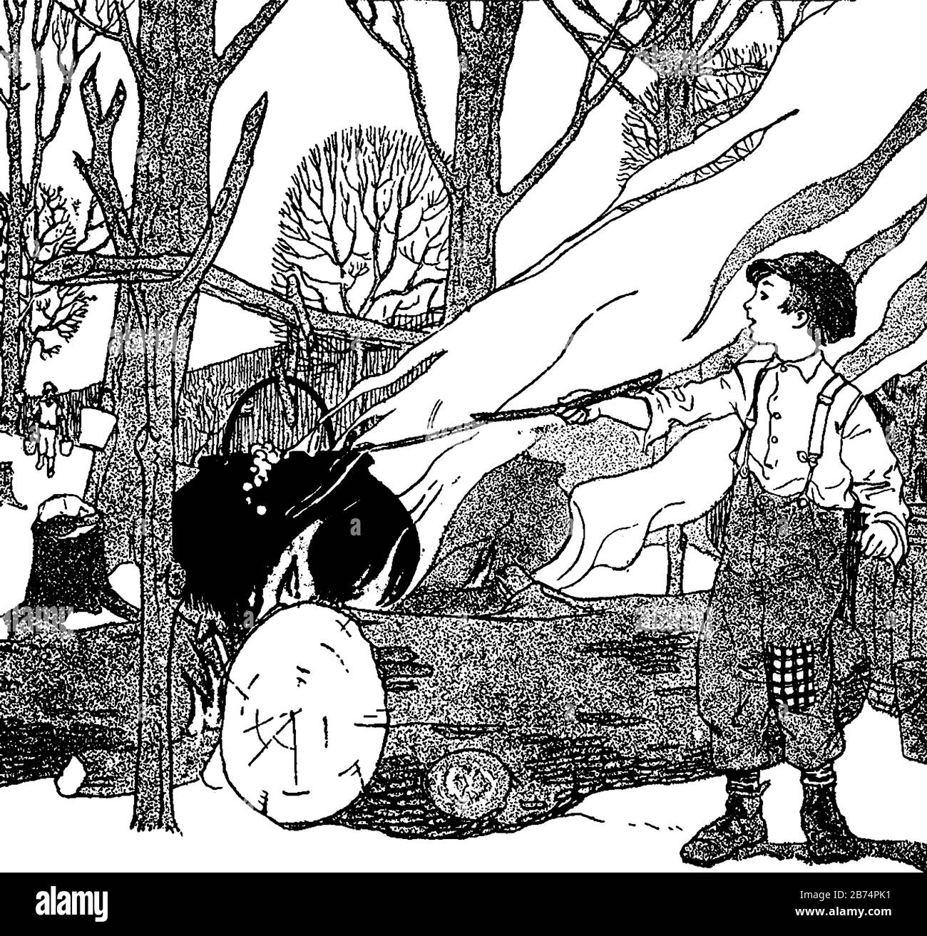 Un garçon fait quelque chose en pot dans les bois, dessin vintage de ligne ou illustration de gravure Illustration de Vecteur