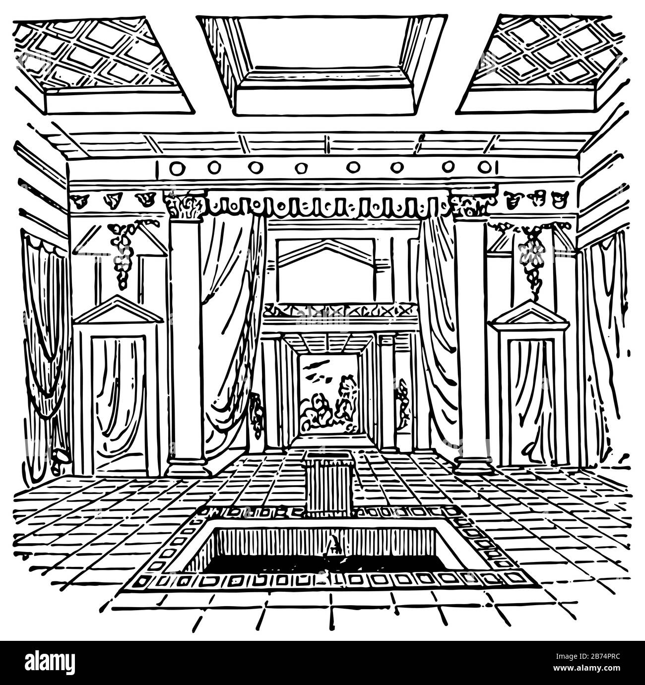 L'imruvium, c'est une partie de l'architecture romaine ancienne, il appartient au bassin dans l'atrium ou le hall d'entrée d'un bâtiment, de dessin vintage ou de engraa Illustration de Vecteur