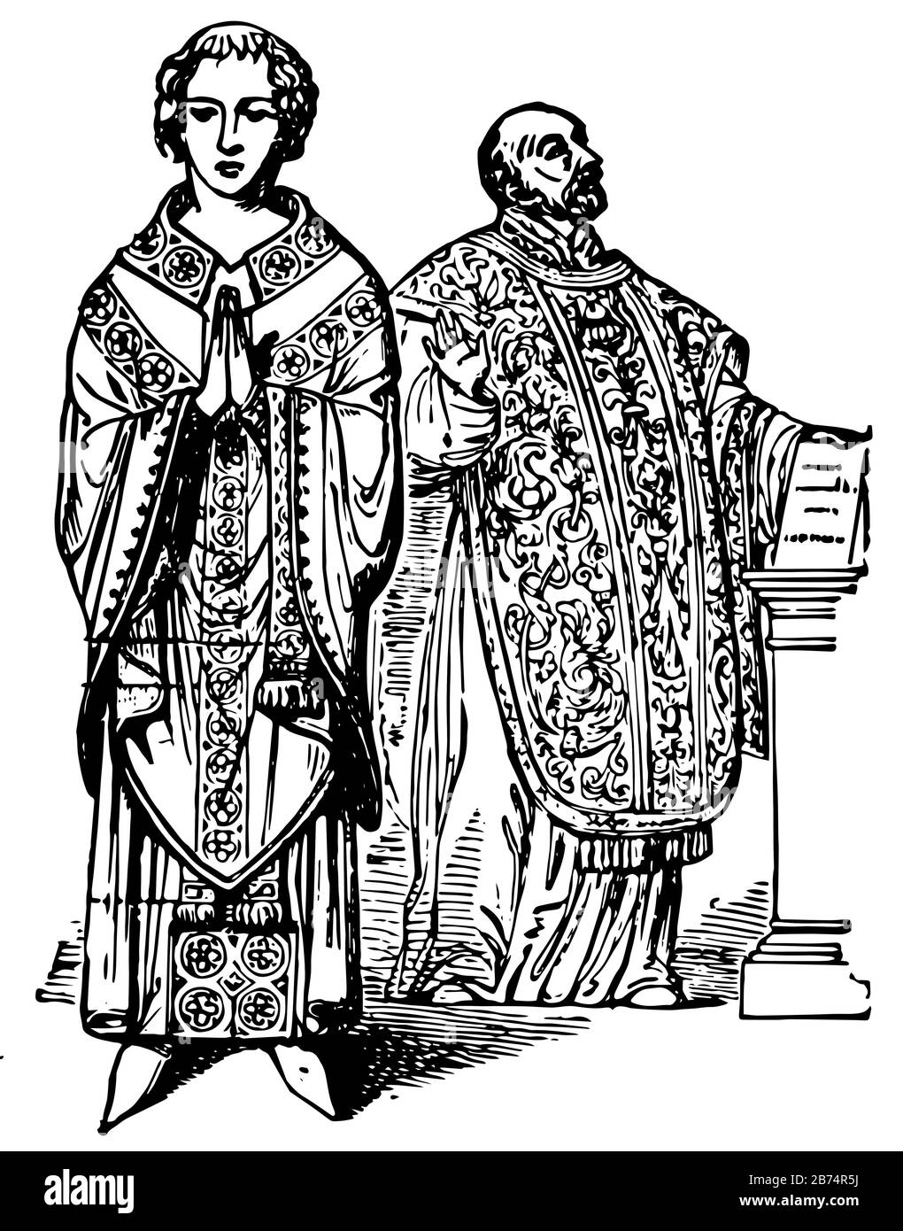Les chasuble ont Deux prêtres portant le vêtement, le dessin de ligne vintage ou l'illustration de gravure. Illustration de Vecteur