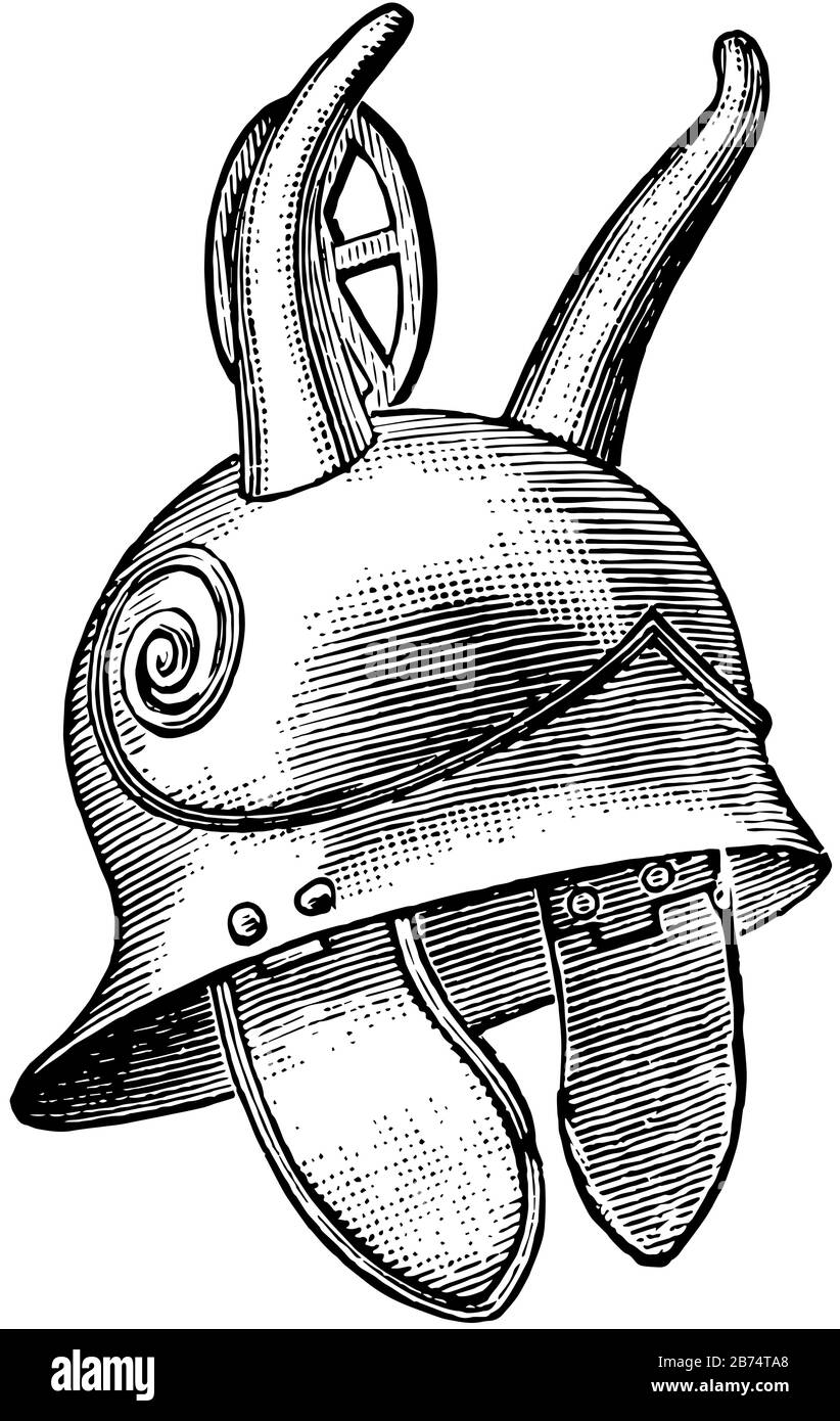 Casque de fer gaulique utilisé dans la guerre gallique, dessin de ligne vintage ou illustration de gravure. Illustration de Vecteur
