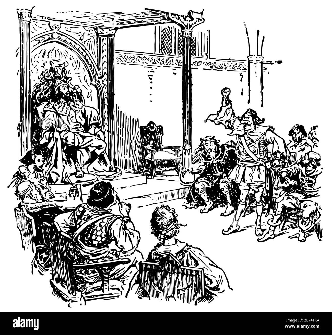 Empereur et Cour, cette scène montre un empereur et sa cour, un empereur assis sur sa chaise et ses soldats devant lui, ligne vintage dessin o Illustration de Vecteur