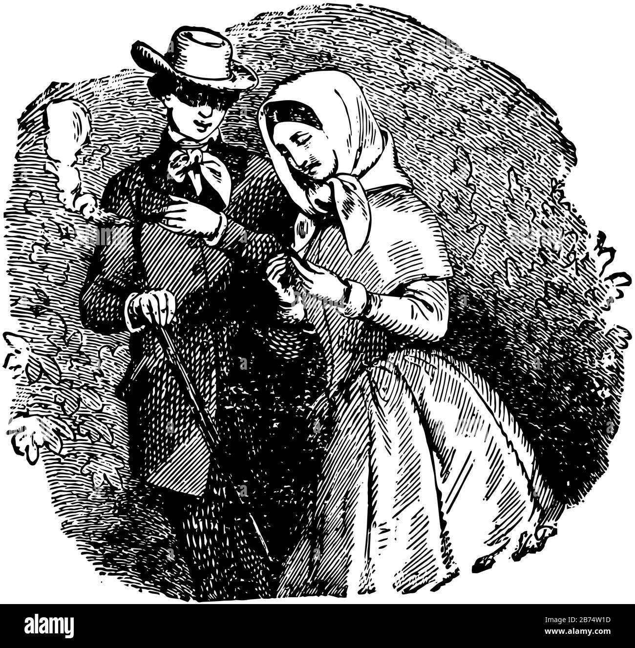 La vieille maison, cette scène montre un homme avec un chapeau sur la tête parler femme debout près de lui, il tient main, vintage ligne dessin ou gravure il Illustration de Vecteur