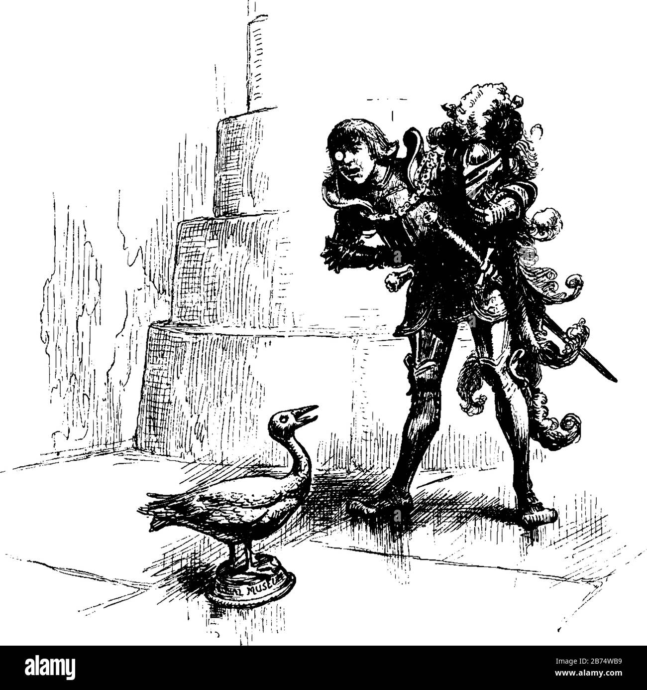 Un soldat dans son armure tenant le casque dans la main, et lunettes sur son oeil droit, en regardant à un oiseau dans le musée, il a une longue épée, vintage ligne dessin o Illustration de Vecteur