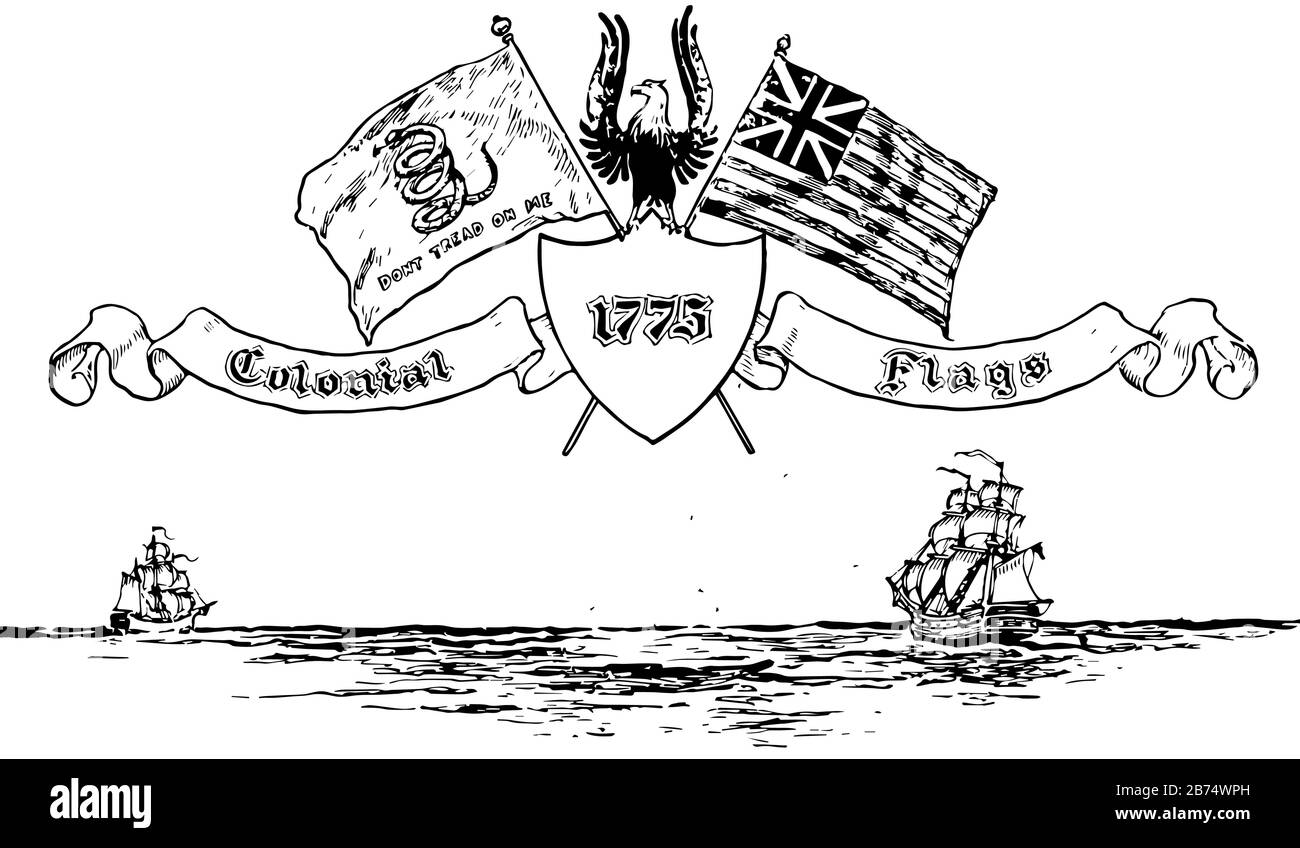 Les drapeaux coloniaux de 1775, ce drapeau a un bouclier et un aigle sur le bouclier, deux drapeaux des deux côtés de l'aigle, il a le lever du soleil, les navires, les montagnes en b Illustration de Vecteur