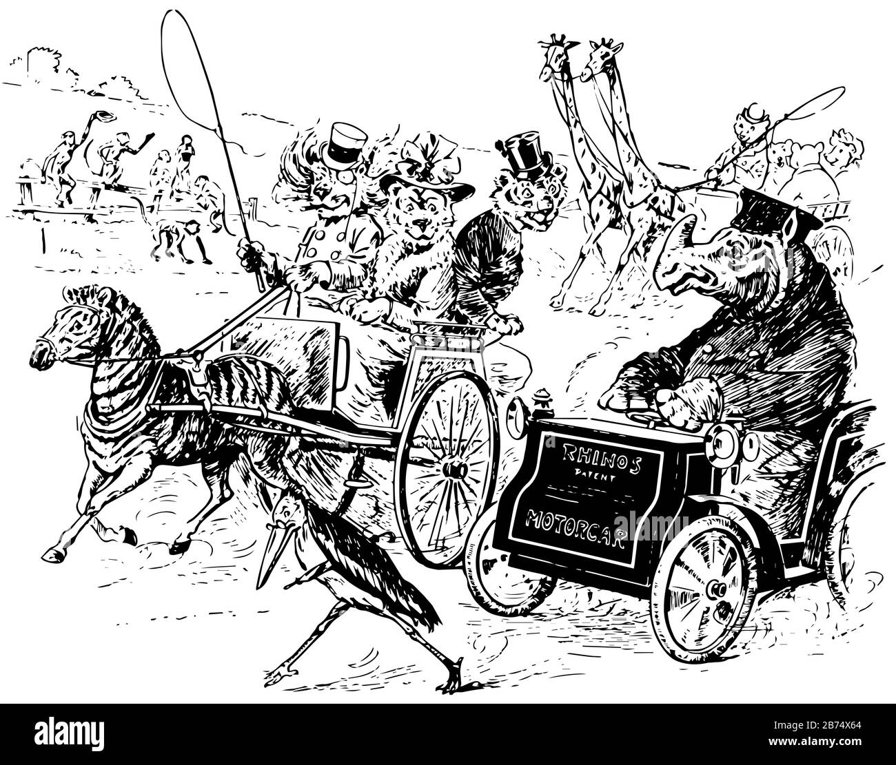 Trois animaux dans des robes humaines conduisant dans des charrettes tirées par des chevaux et des Rhinoceros en robe humaine conduisant voiture à moteur, d'autres animaux en arrière-plan, vintage ligne d Illustration de Vecteur