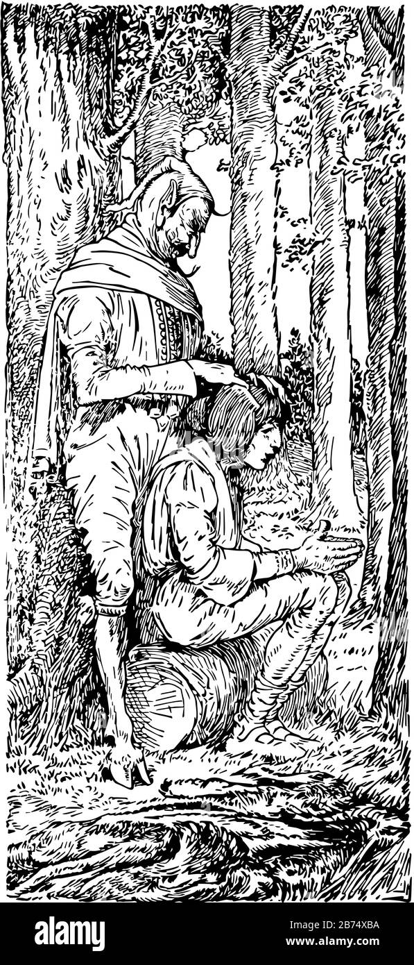 Bearskin, cette scène montre une femme assise sur la roche et un homme peigne ses cheveux de l'arrière côté en forêt, dessin vintage de ligne ou illustration de gravure Illustration de Vecteur