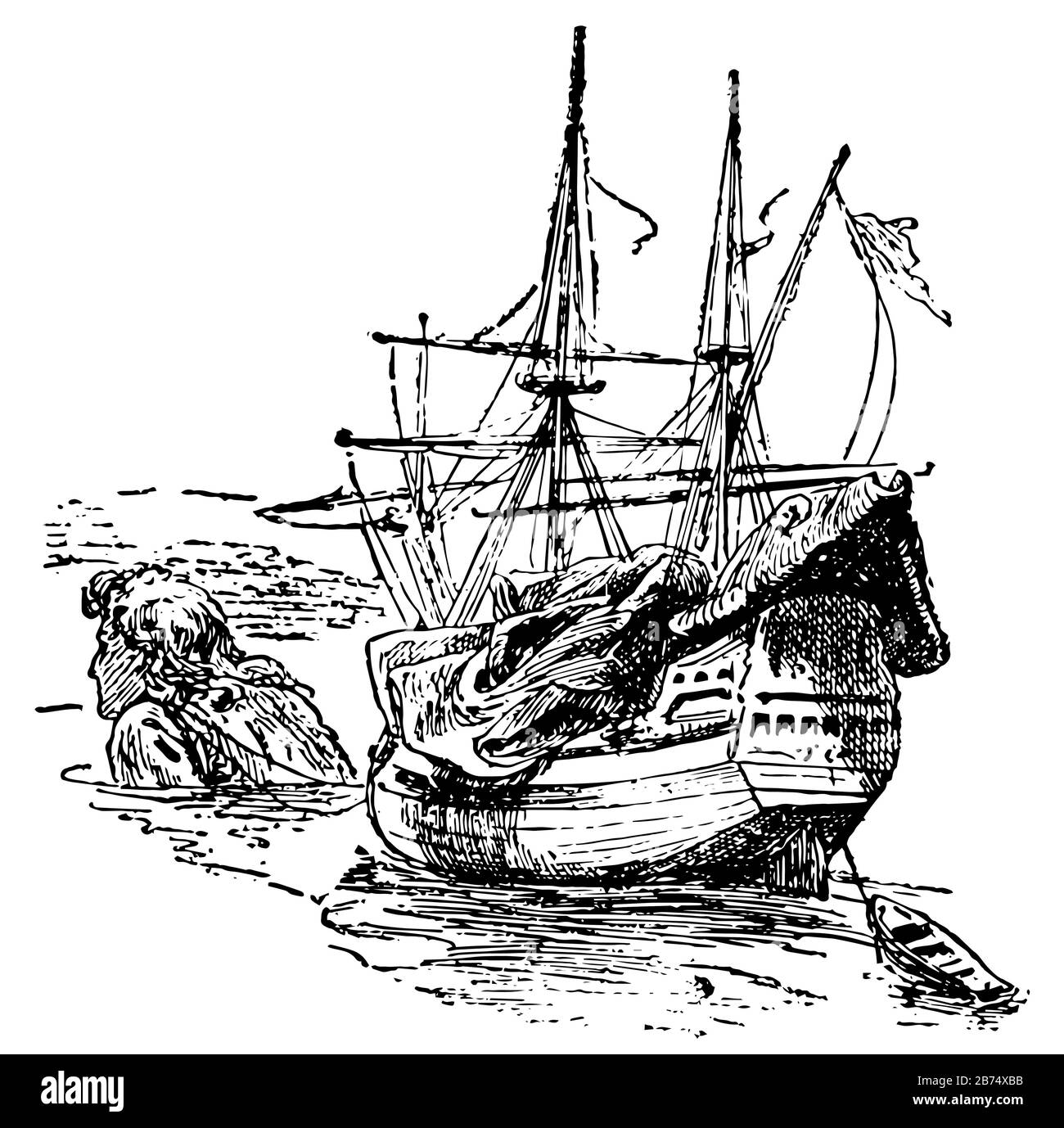 Bateau De Traction géant, cette scène montre un homme géant tirant navire dans l'océan, dessin de ligne vintage ou illustration de gravure Illustration de Vecteur