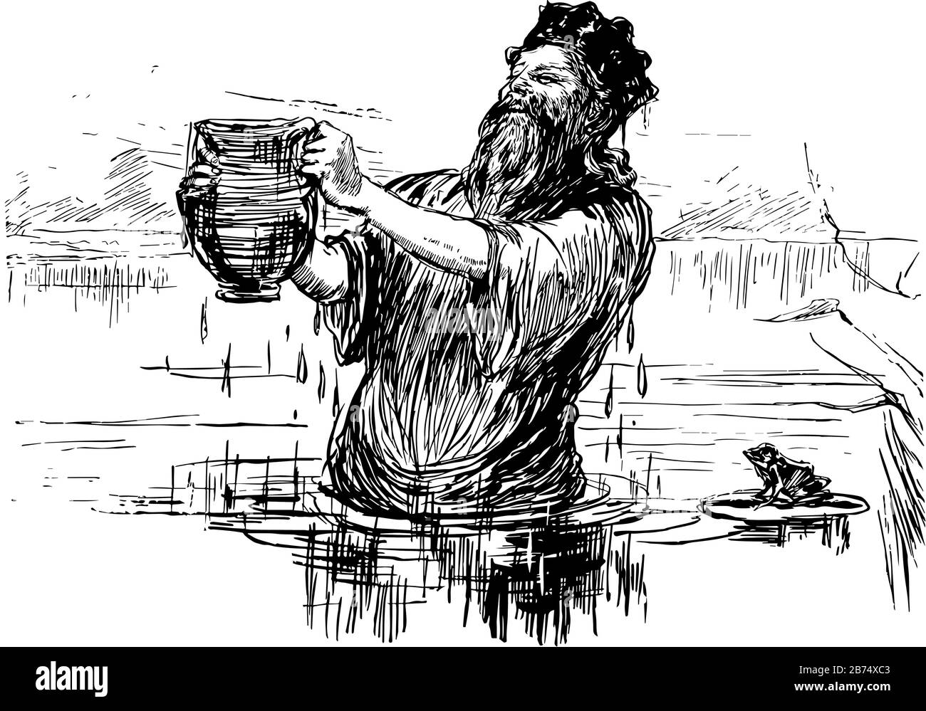 Le Golden Touch, roi debout dans un étang dans sa couronne et ramasser un pichet qui est plein d'eau, à côté du roi une grenouille est assis sur la feuille flottante, Illustration de Vecteur