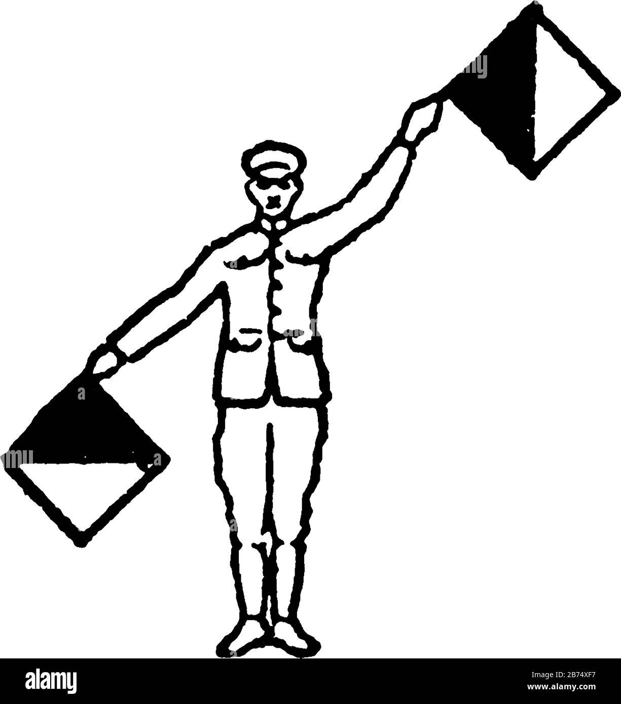 Signal drapeau pour la lettre L, un homme tenant deux drapeaux, il ressemble à une ligne de main croisée, droite 45 degrés vers le bas, gauche 135 degrés vers le haut, vintage Illustration de Vecteur