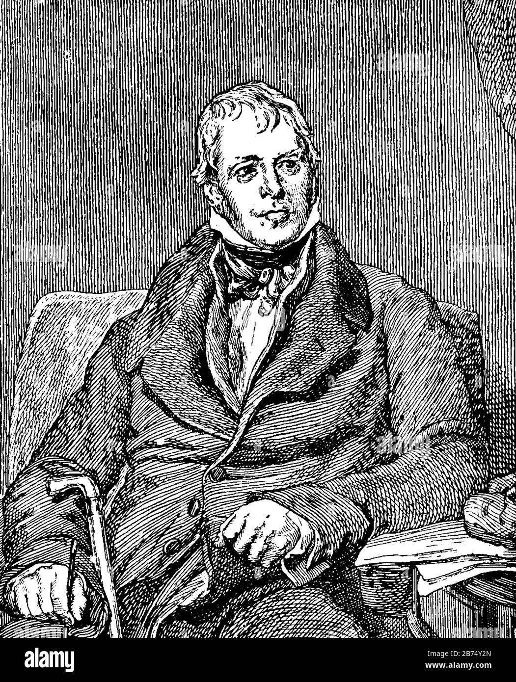 Sir Walter Scott sont des peintures de Sir Thomas Lawrence, dessin vintage ou illustration de gravure. Illustration de Vecteur